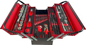 Maletín de herramientas profesional de 85 piezas de metal con herramientas de acero al cromo vanadio, puntas destornilladores, llaves de vaso