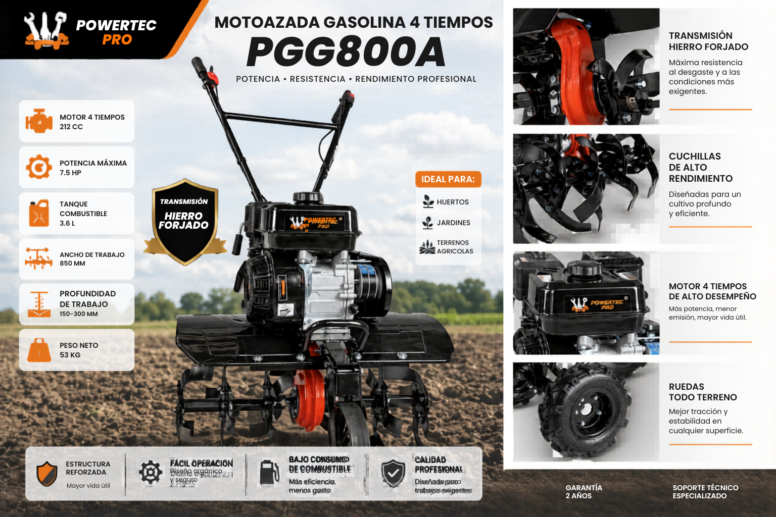 Motoazada de gasolina Powertec Pro PG800-A 7,5 CV - Imagen 7