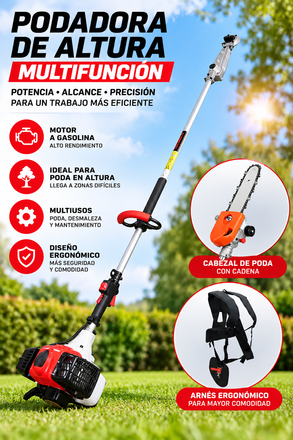 Vibradora de Gancho POWERTEC PRO 52CC con Podadora de Altura – Gasolina 3 CV - Imagen 8